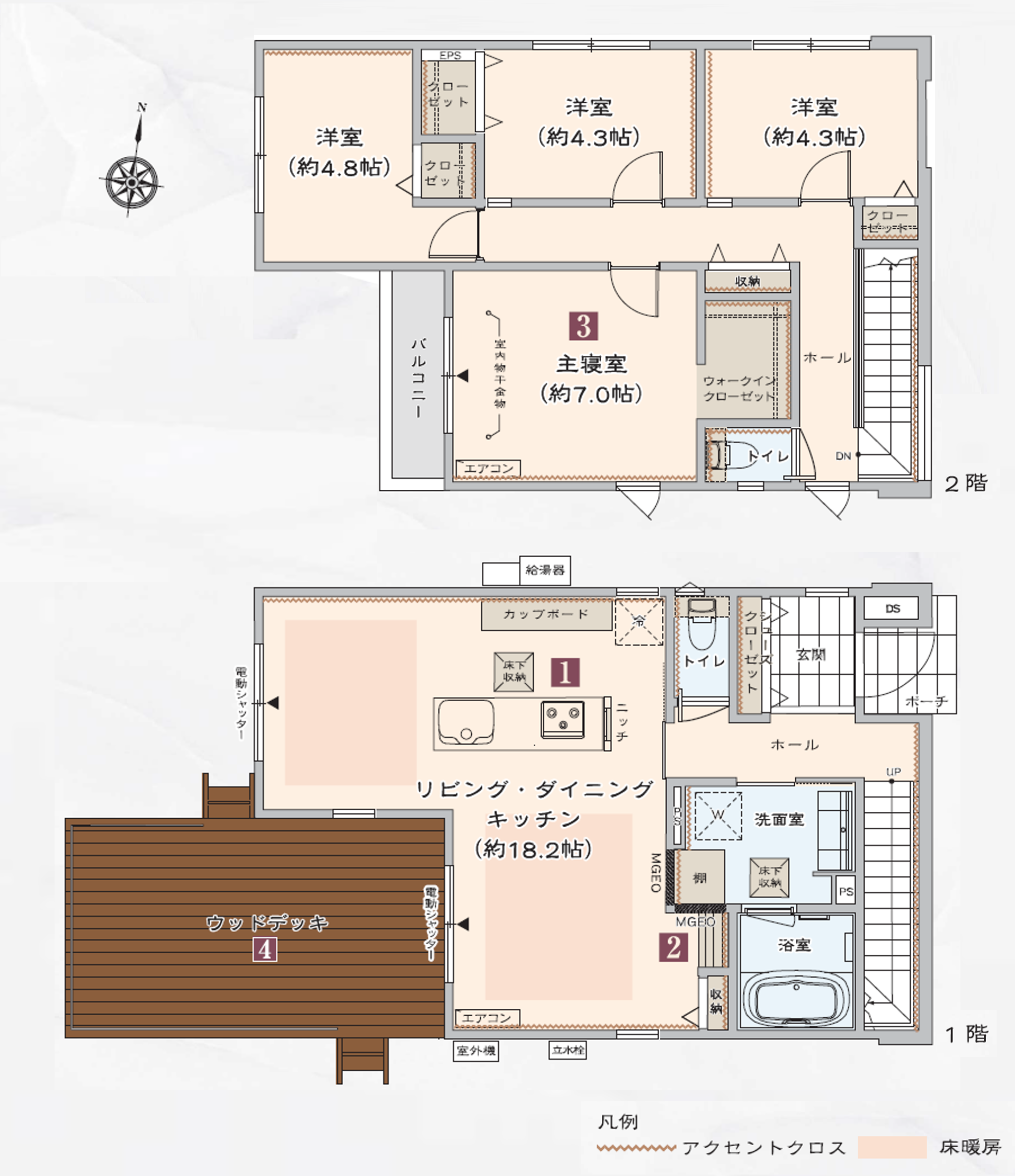 No.22間取り図４LDK　１階大型ウッドデッキ　２階４部屋